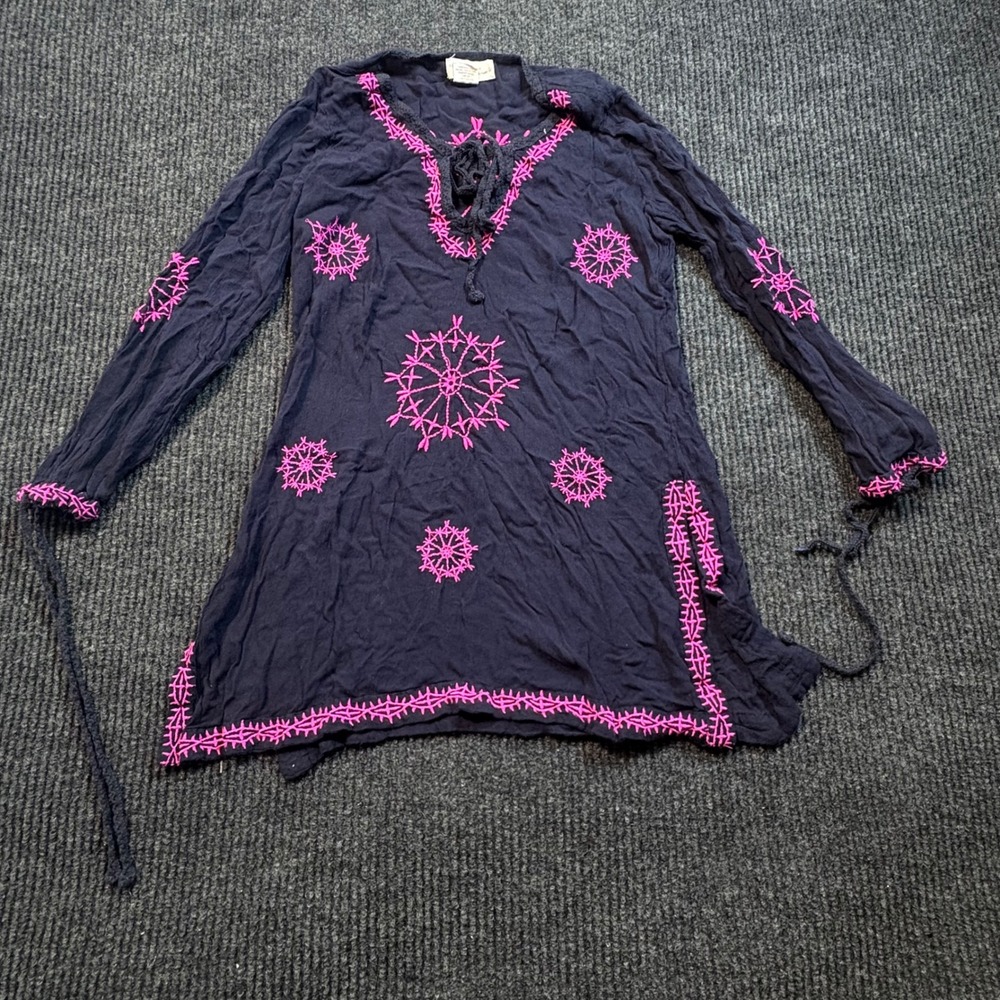 Beaches & Boho Tunic Women Small Navy Blue Pink Embroidered Lace Up Tassel Top